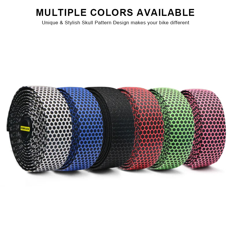 A variety of colored silica gel handlebar tape rolls displayed side by side for cycling and racing