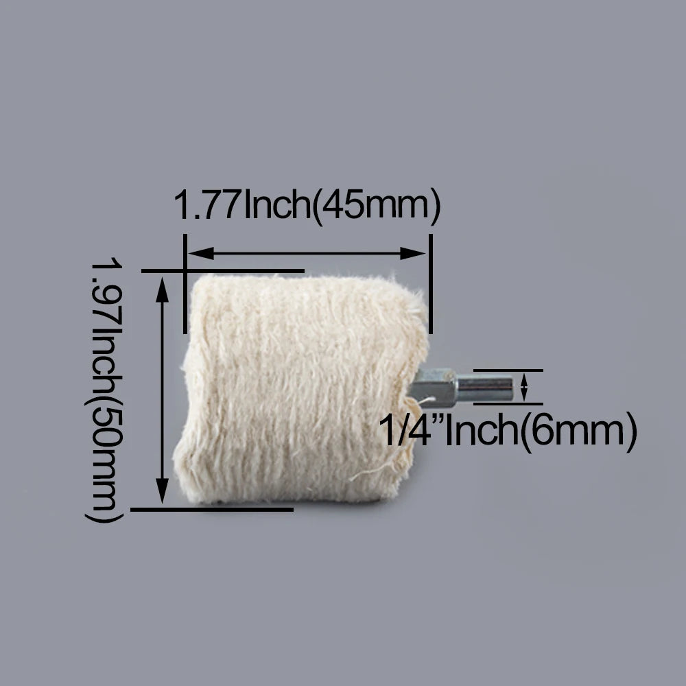 A white cotton polishing buffing wheel with dimensions 1.77 inches long and 1.97 inches high.