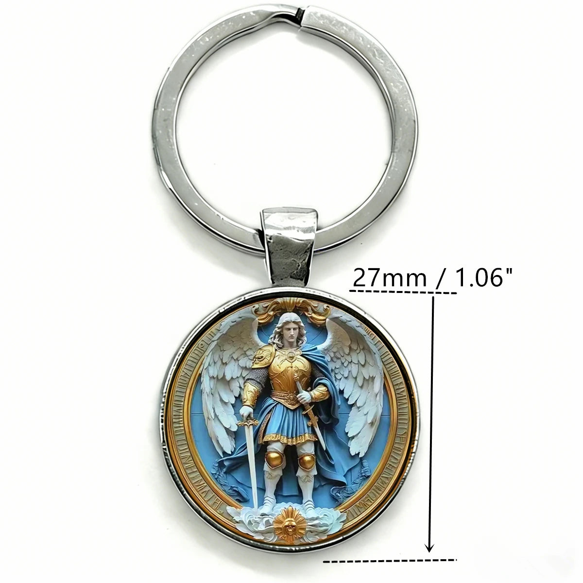 Silver key chain featuring a round medallion depicting the Saint Michael Archangel