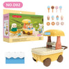 A yellow ice cream cart toy set featuring various ice cream flavors and forest animal figures.