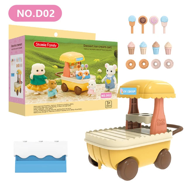A yellow ice cream cart toy set featuring various ice cream flavors and forest animal figures.