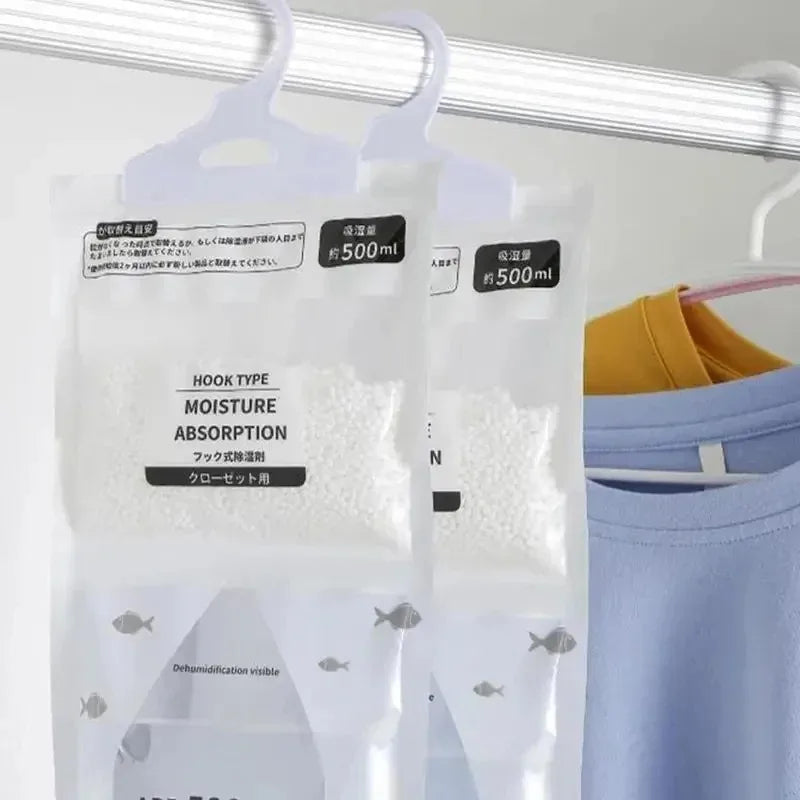 Clear hanging bags of moisture absorption material for wardrobes and closets
