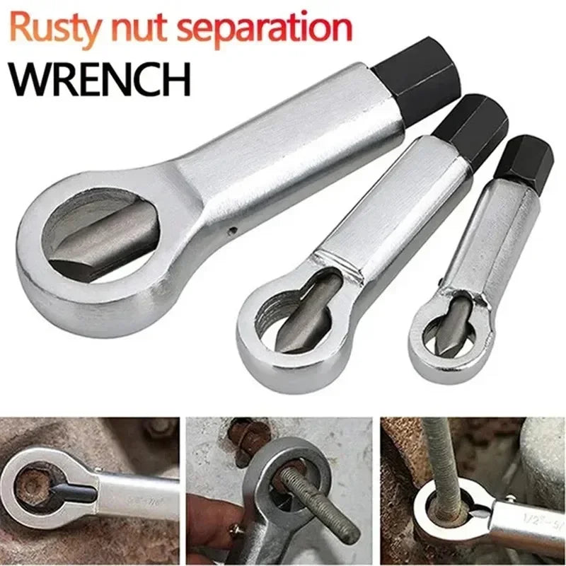 A set of metal wrenches used for rusty nut separation and removing damaged screws.