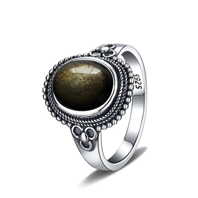 Vintage Sterling Silver Obsidian Ring with Sun and Flower Motif