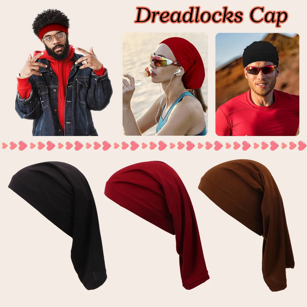 A set of black, maroon, and brown stretchable spandex dreadlock tube hair protection caps shown in various angles.