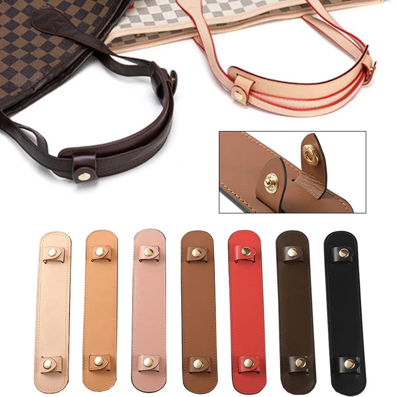 A collection of genuine leather handbag handle wraps and shoulder pads in various shades including brown, tan, pink, and blac
