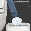 A blue cleaning wand is shown disposing of a white, disposable toilet cleaning refill into a white toilet bowl.
