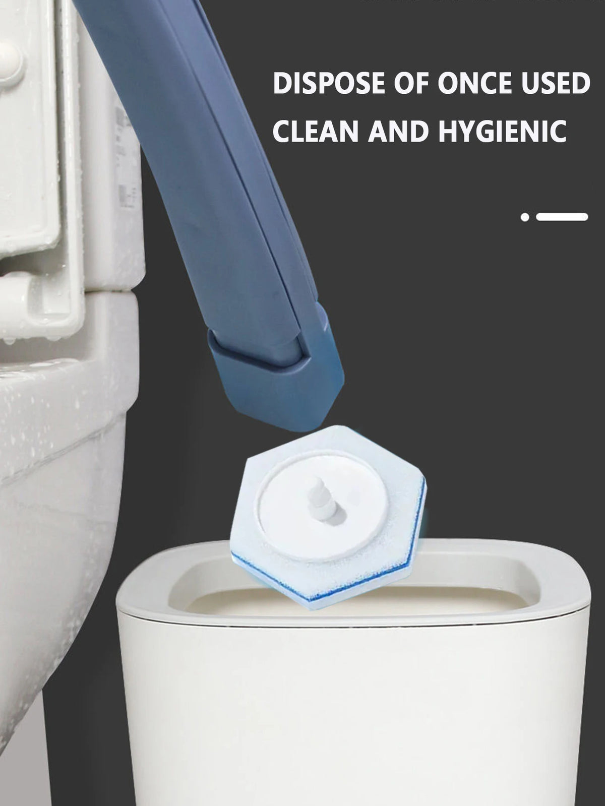 A blue cleaning wand is shown disposing of a white, disposable toilet cleaning refill into a white toilet bowl.