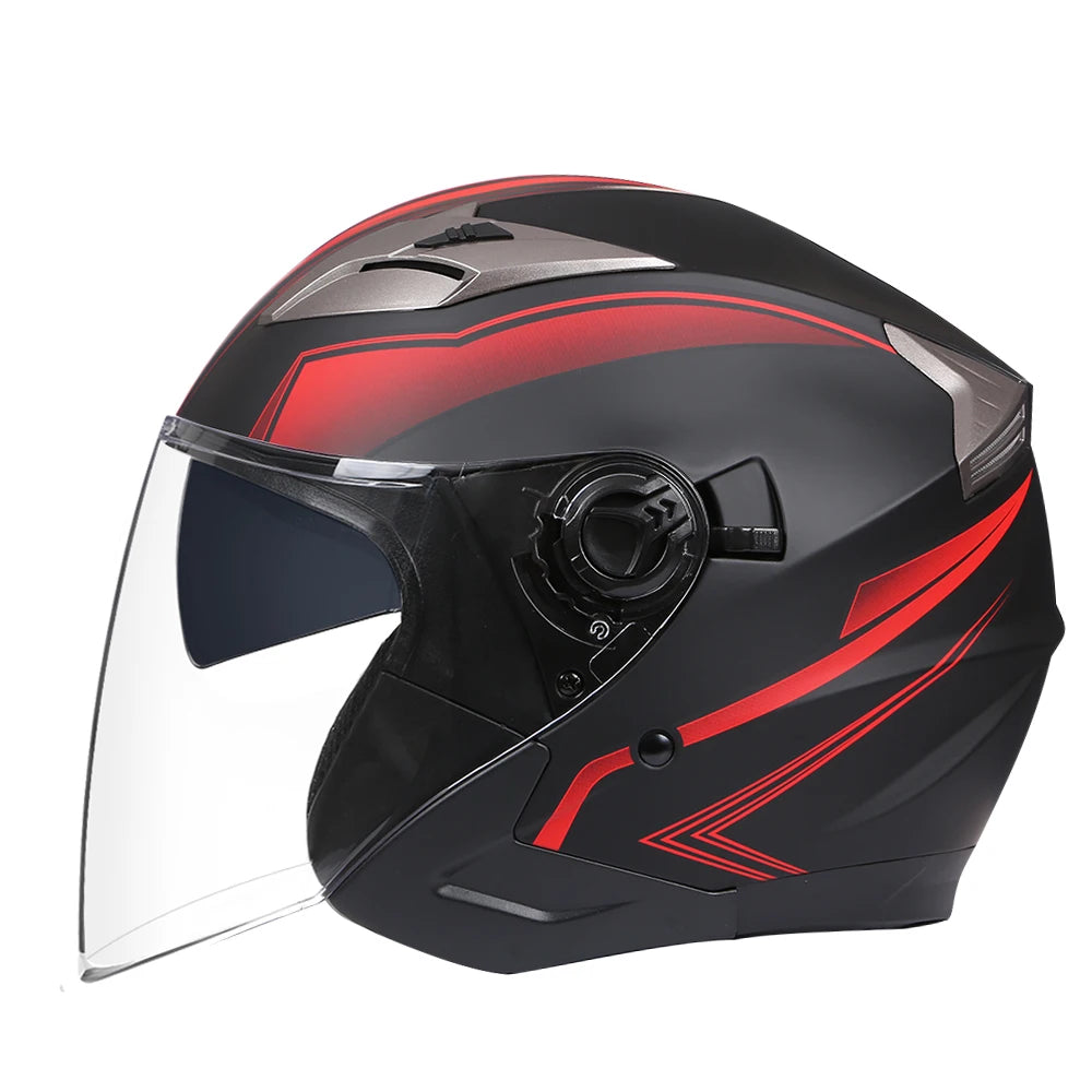 A black motorcycle helmet with a red stripe and clear visor shown from the front.