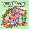 A coloring book featuring a cute corner scene with food items and a refrigerator.