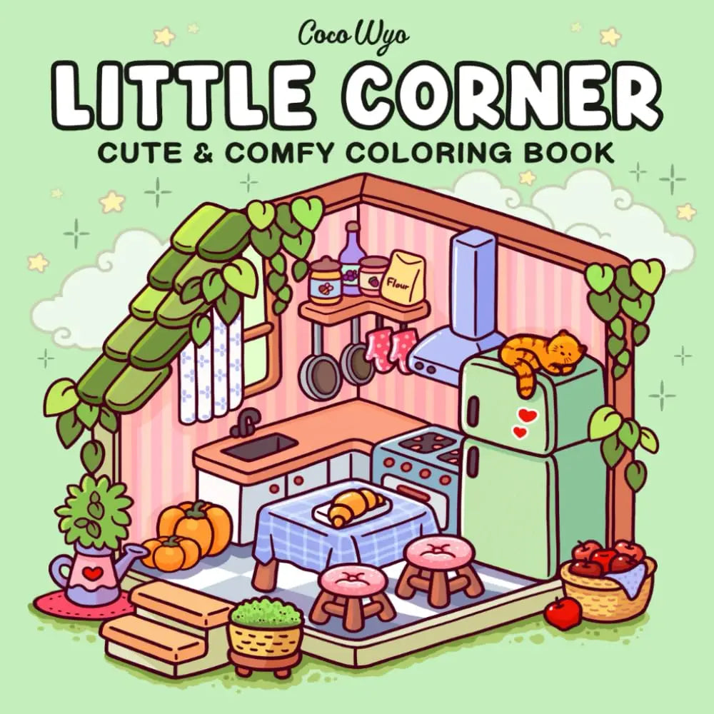 A coloring book featuring a cute corner scene with food items and a refrigerator.
