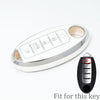 Silver soft TPU car key fob cover with five buttons shown next to a black replacement key.