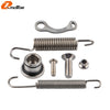 Set of motorcycle side stand components including a hook, spring, and foot assembly.