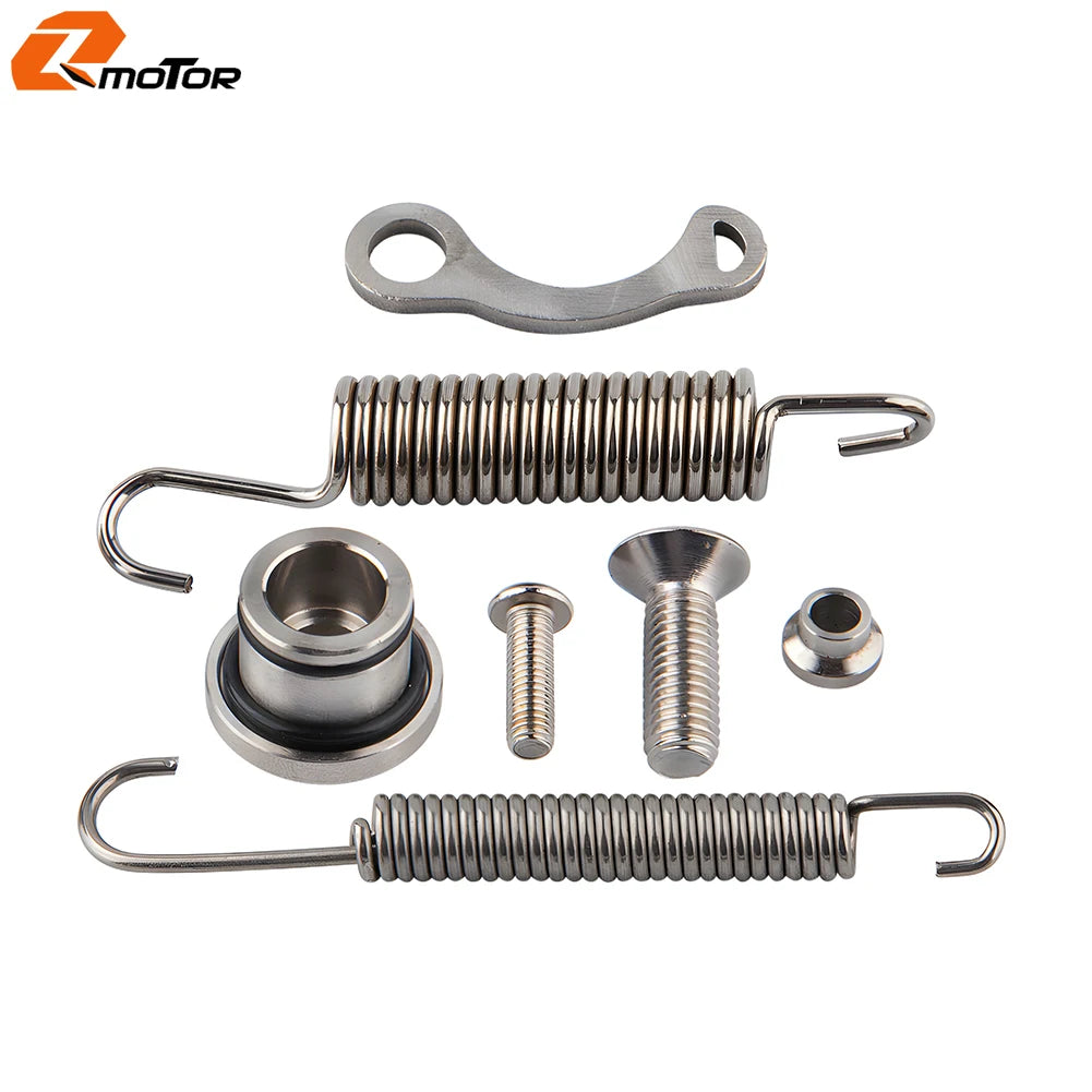 Set of motorcycle side stand components including a hook, spring, and foot assembly.