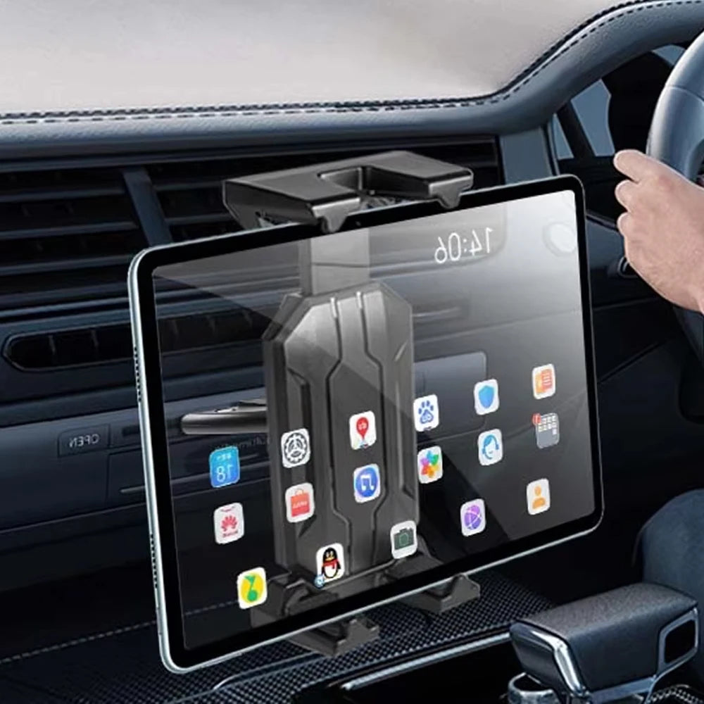 A universal car mount is installed in a vehicle's dashboard, holding a tablet or phone for viewing.