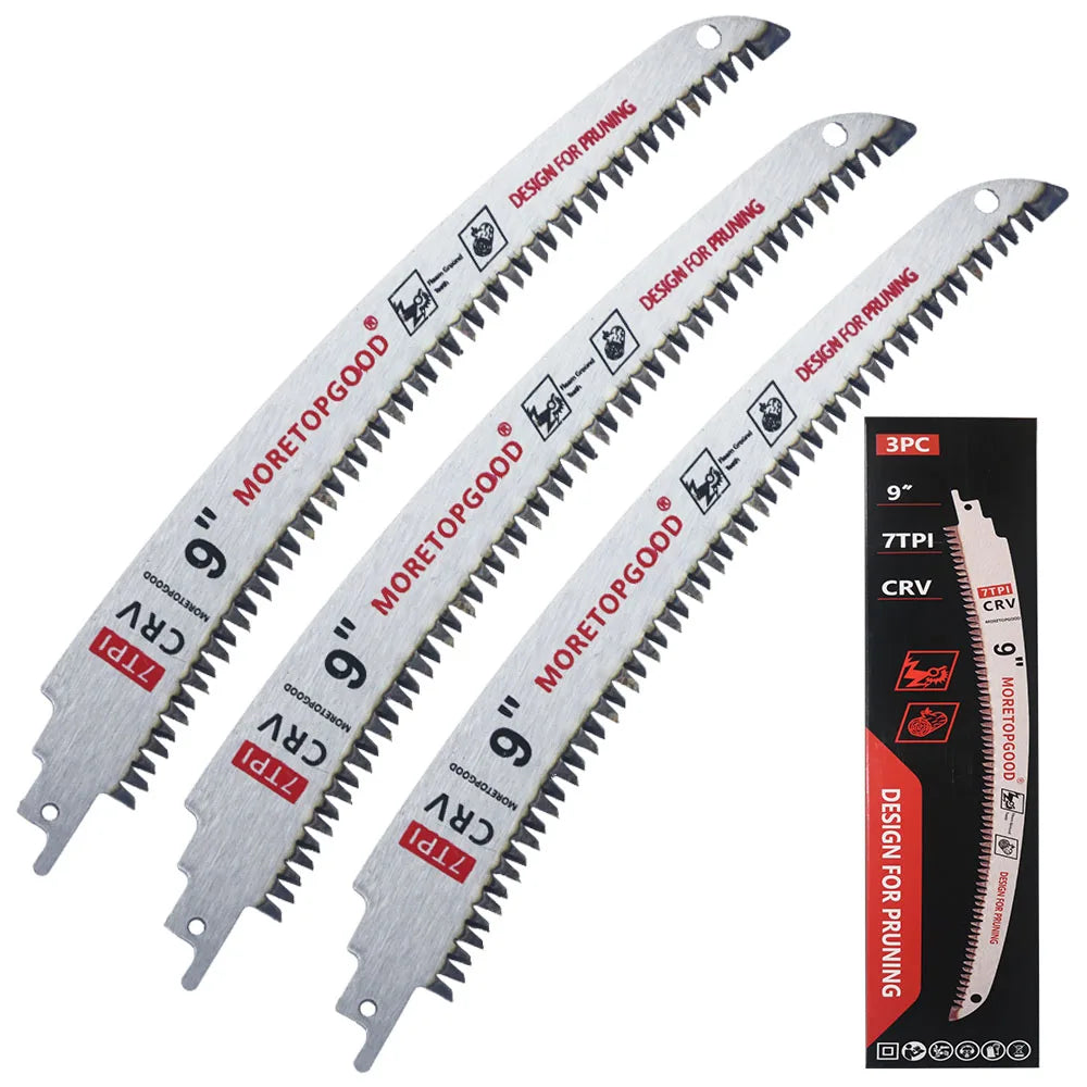 Three 9 inch Moretopgood design for pruning reciprocating saw blades in a black packaging box