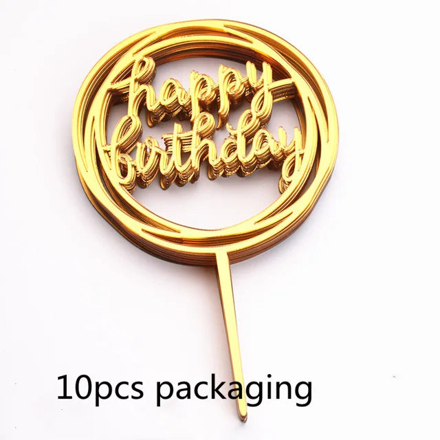 Gold Acrylic Happy Birthday Cake Toppers (Set of 10)