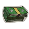 A green rug featuring a design of stacked dollar bills with a yellow stripe and dollar signs.