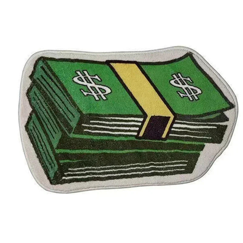 A green rug featuring a design of stacked dollar bills with a yellow stripe and dollar signs.