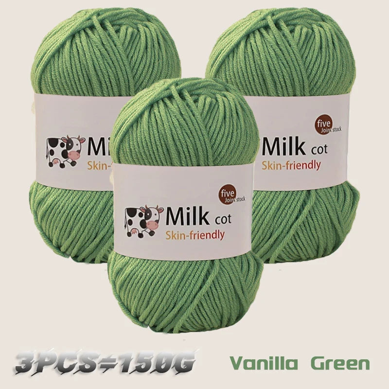 Three skeins of Vanilla Green milk cot skin-friendly yarn for knitting and crochet projects