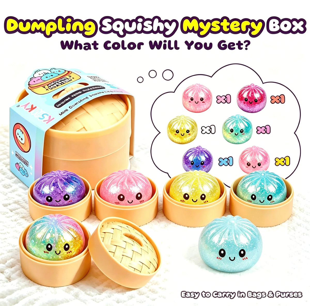 A box of dumpling squishy mystery toys showing various colors and textures ready to be selected.