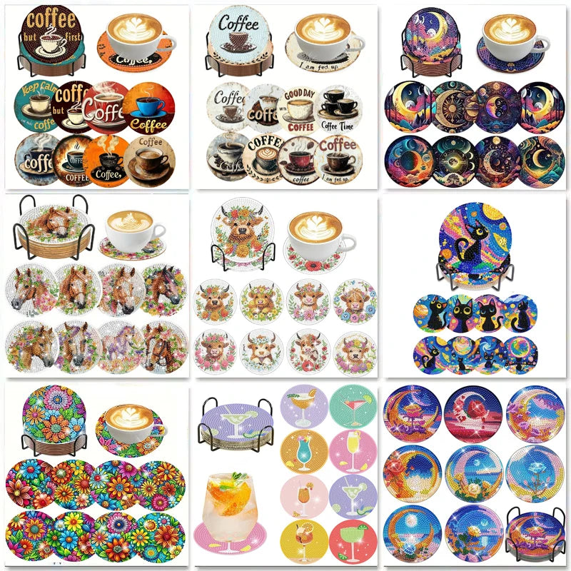 A collection of sparkling diamond painting coasters and a holder set featuring various colorful designs.