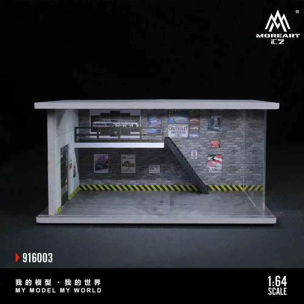 A 1:64 scale miniature garage diorama kit featuring a detailed brick facade and lighting elements.