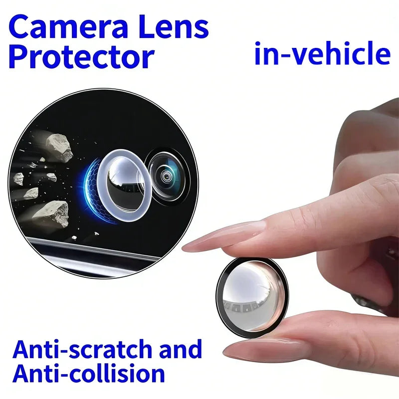 A hand holds a clear camera lens protector designed for in-vehicle use, showing its protective features.