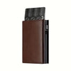 A brown leather slim pop-up wallet with a black card slot and RFID protection feature.