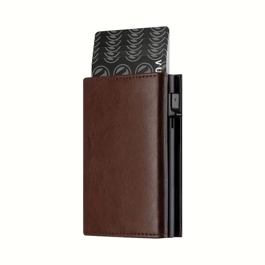 A brown leather slim pop-up wallet with a black card slot and RFID protection feature.