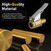A silver air hose connector made of durable solid brass is shown next to brass tubing.