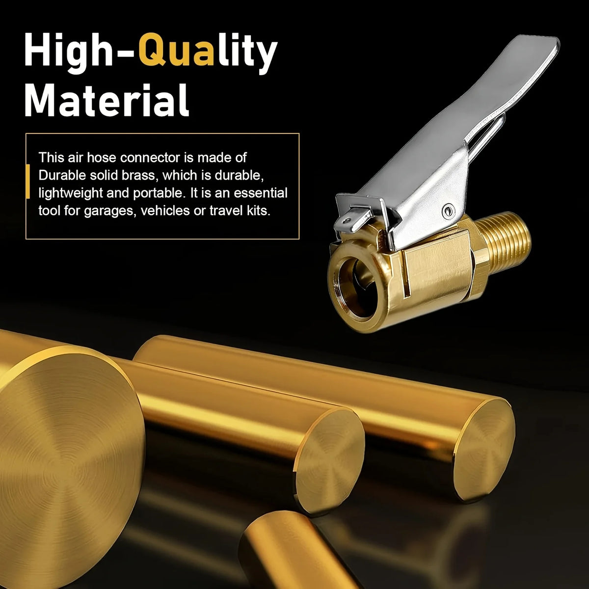 A silver air hose connector made of durable solid brass is shown next to brass tubing.