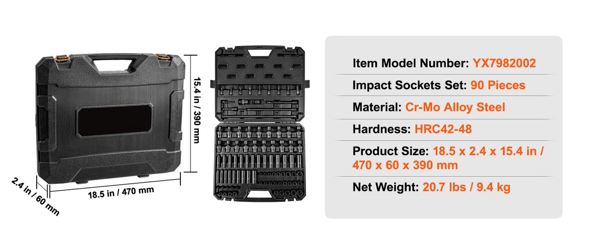 A black impact socket set featuring 90 pieces of Cr-Mo Alloy Steel sockets and wrenches.