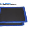 A set of blue and black detailing towels used for car washing and paint decontamination.