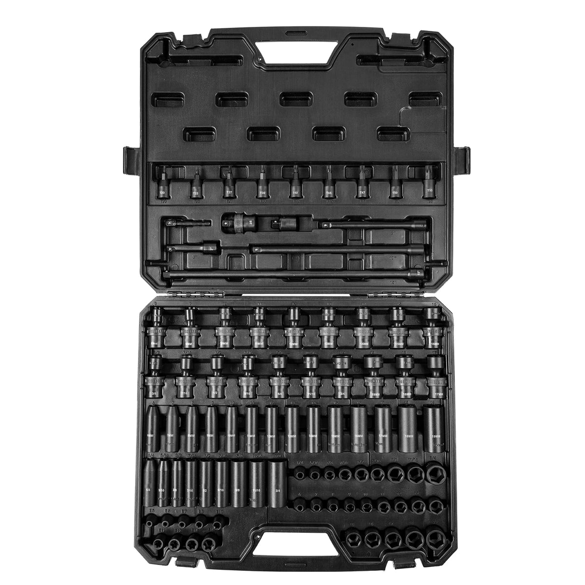 A black 90-piece impact socket set containing various SAE and metric drive sockets.