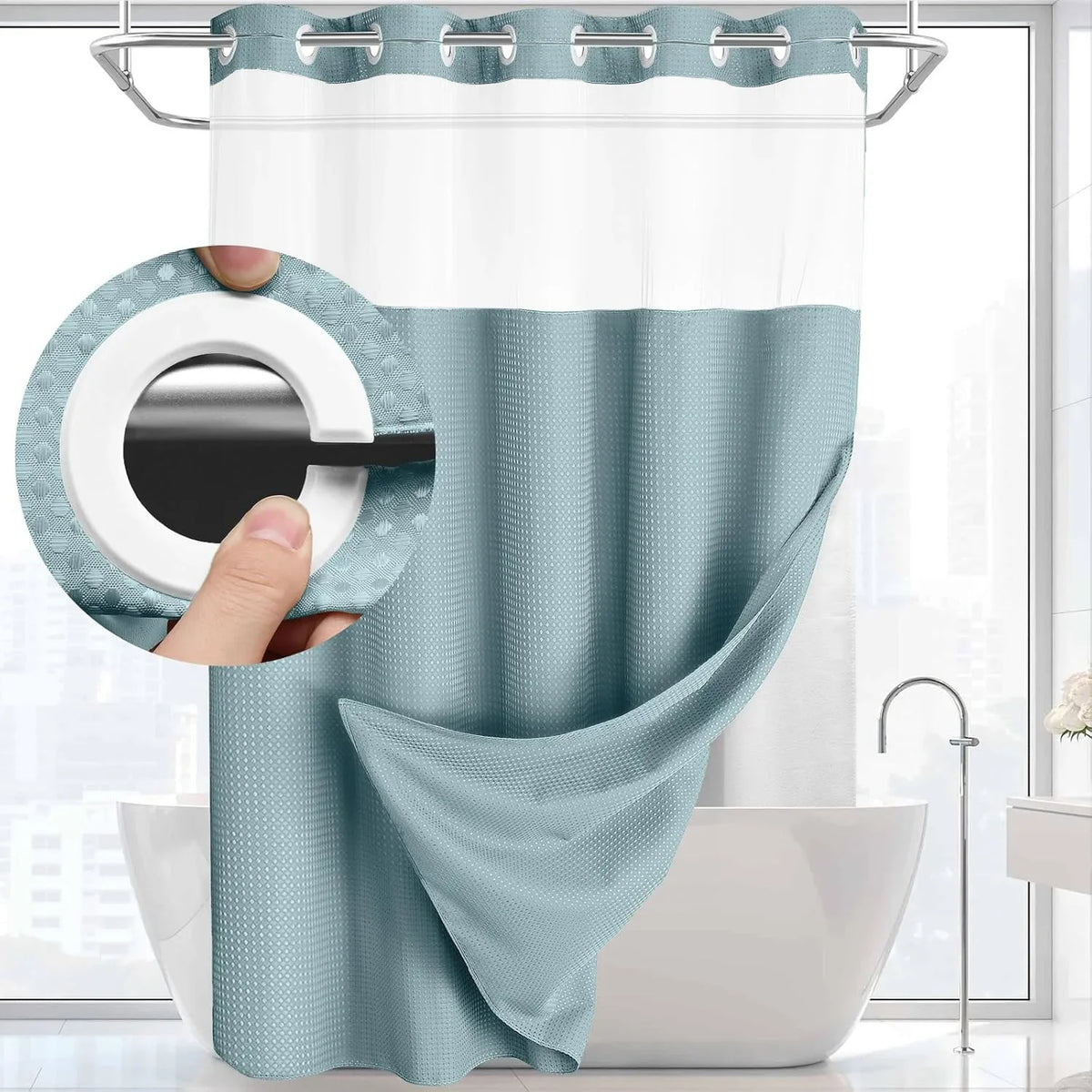 Double-Layer Waffle Shower Curtain with Built-in Snap Liner