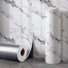 Roll of self-adhesive marble wall sticker featuring gray and gold veining on a white background