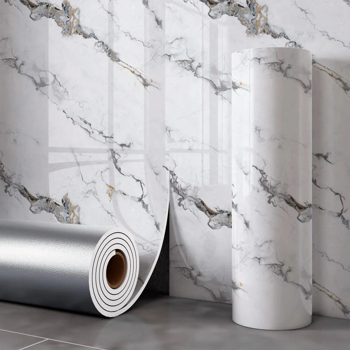 Roll of self-adhesive marble wall sticker featuring gray and gold veining on a white background