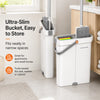 A white ultra-slim bucket and mop set with a self-cleaning wringer is shown next to wooden cabinetry.