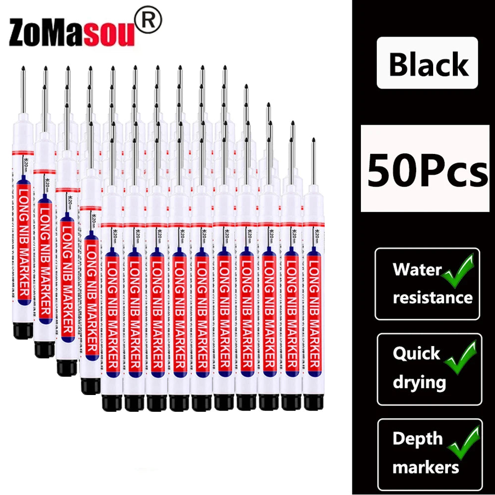 Black long-head waterproof deep hole markers for woodworking and construction