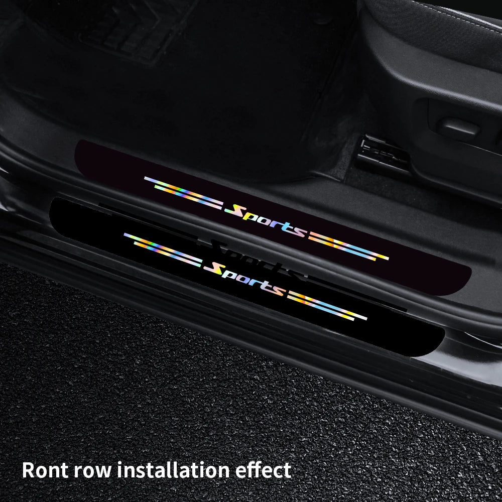 Close-up of a black car door showing installed sports decorative strips on the sill.