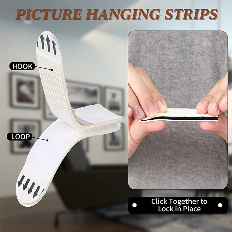 White picture hanging strips showing a hook and loop for securing pictures.