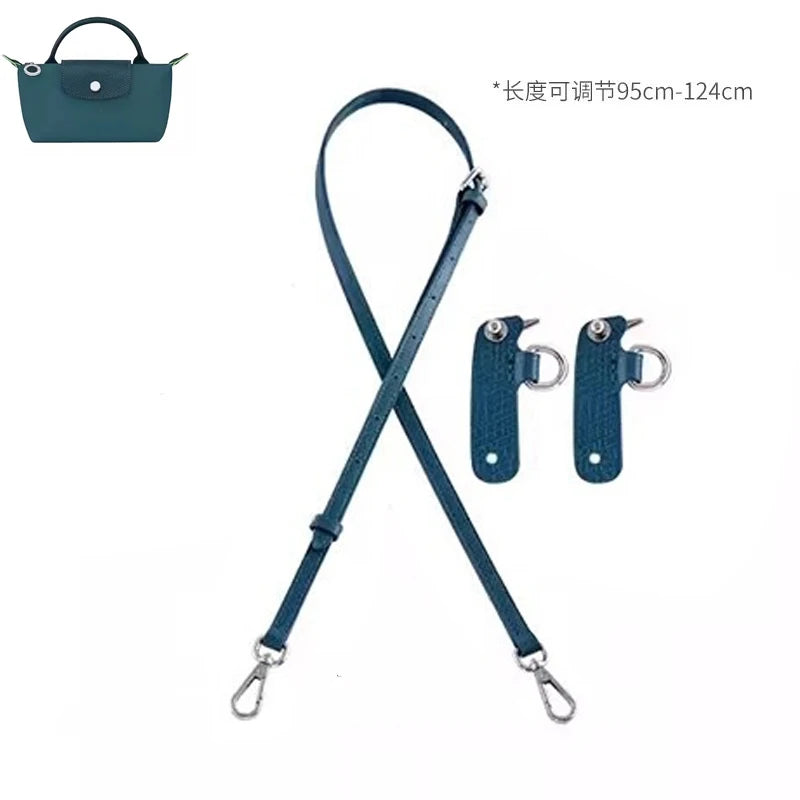 Dark teal leather shoulder strap with metal hardware for mini bags