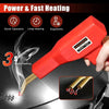 Red plastic welding hot stapler tool with a wire tip demonstrating rapid heating for automotive repairs.