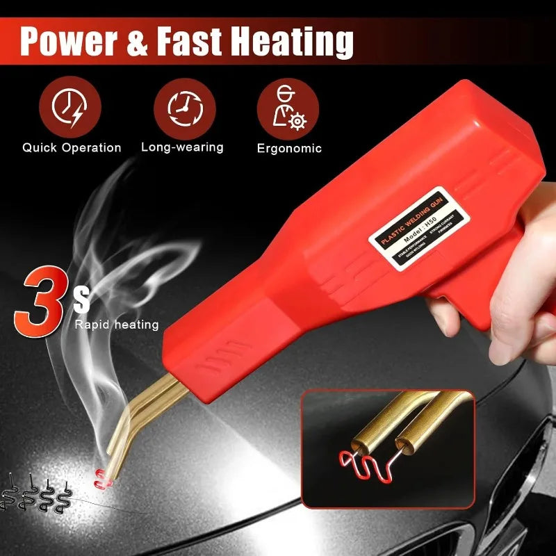 Red plastic welding hot stapler tool with a wire tip demonstrating rapid heating for automotive repairs.