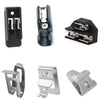 A collection of metal belt clip hook bits and holders for cordless drills, shown in various angles.