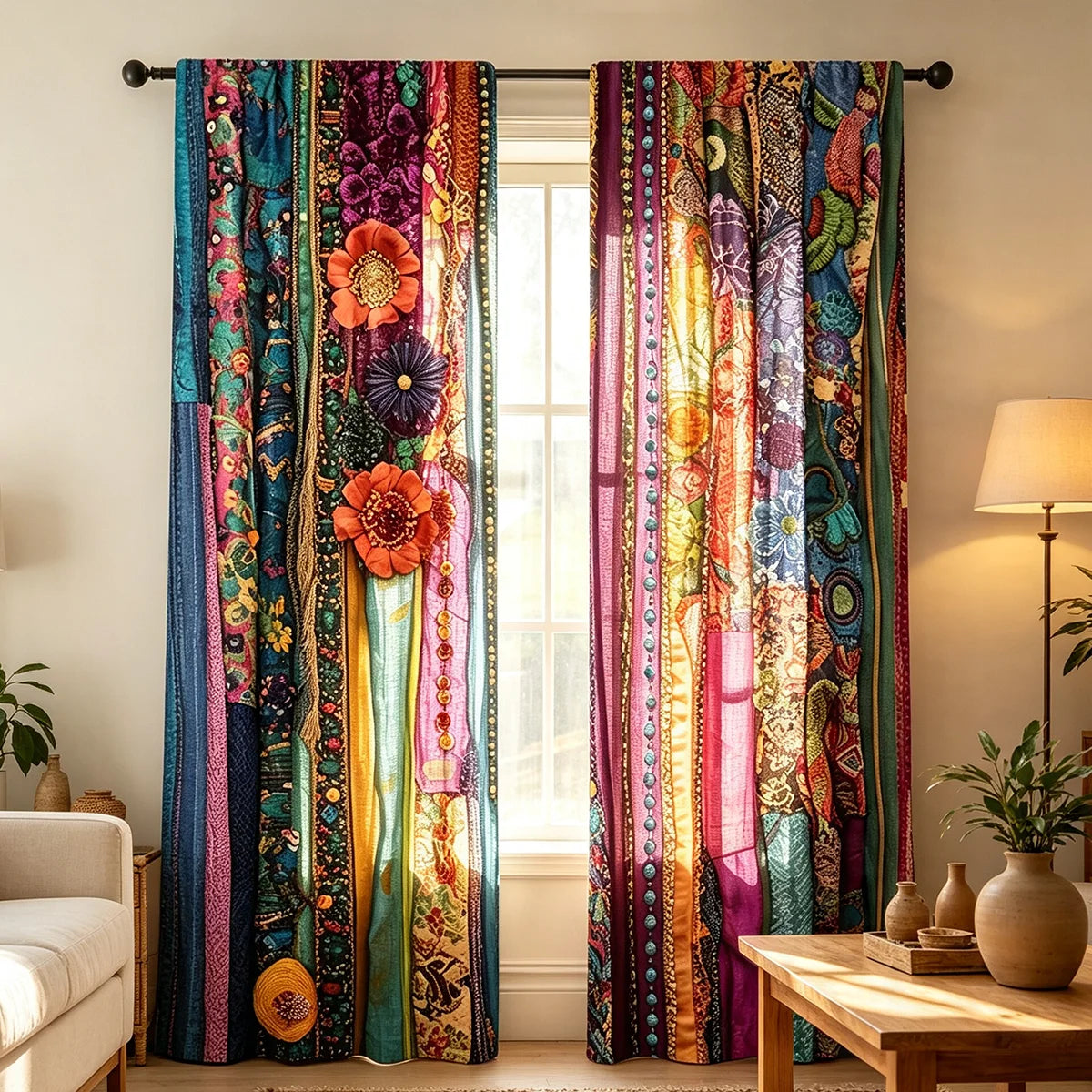 Two colorful boho ethnic patchwork print curtains hanging in a window frame.