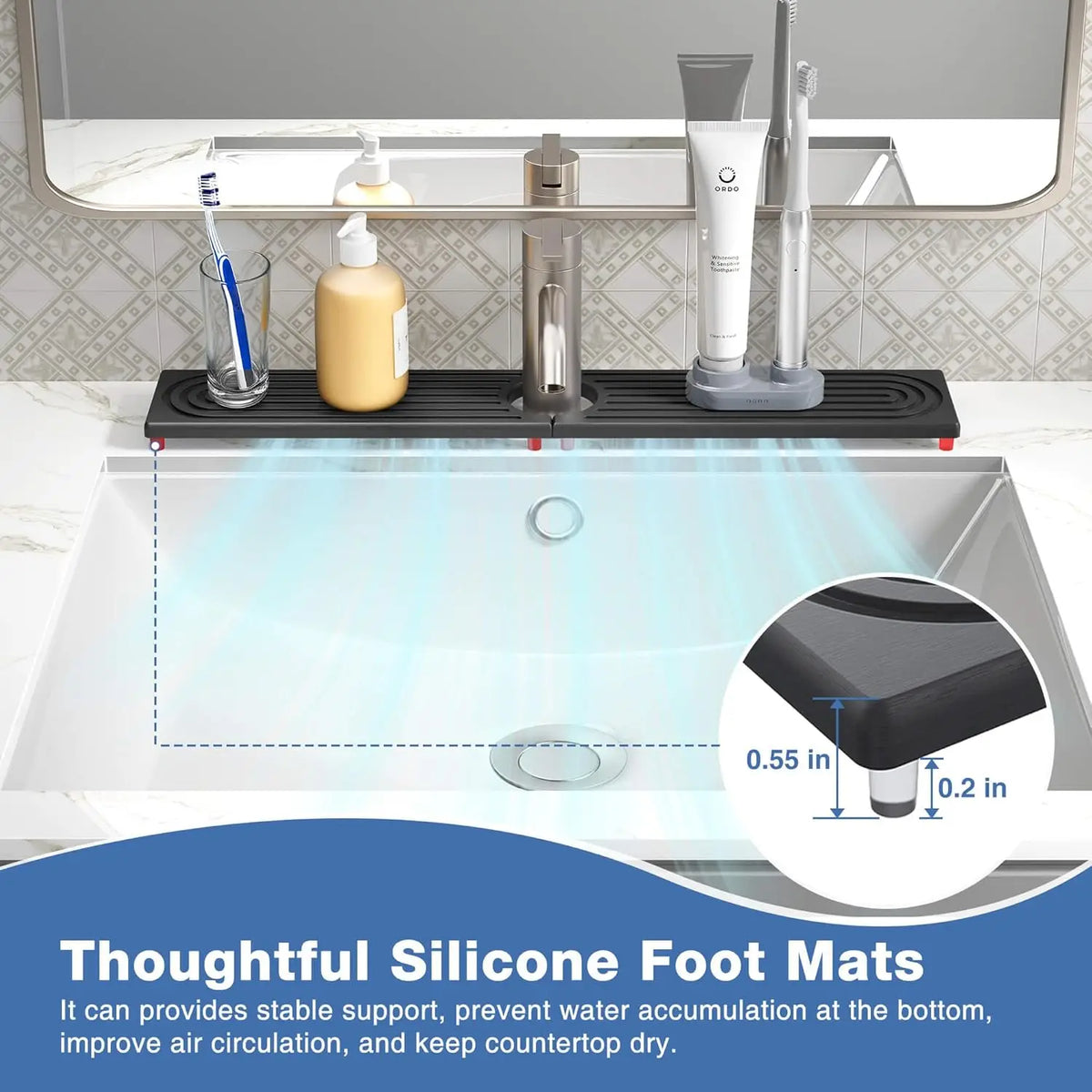 Thoughtful silicone foot mats used to provide stable support, prevent water accumulation, and keep countertops dry.