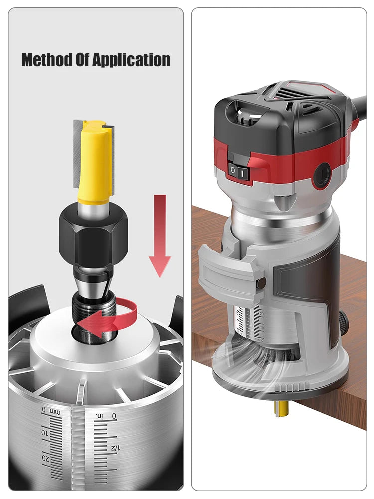 Präzise Router-Spindelmutter und -Set mit gelbem Einschub, gezeigt mit der Anwendungsmethode.