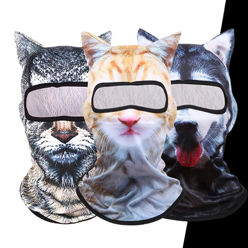 Nahaufnahme einer 3D-Katzen-Ski-Balaclava mit realistischen Katzengesichtern in verschiedenen Mustern.